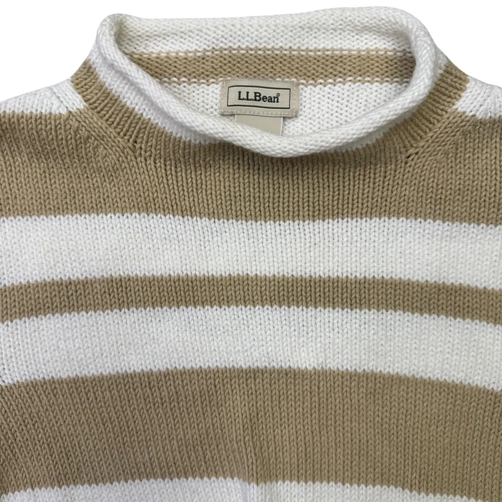 VTG LL Bean Women Roll Neck Sweater XS Tan White Striped 100% Cotton Nautical
